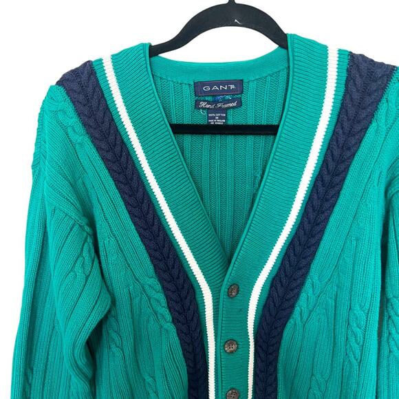 Gant Men’s Vintage 90s Hand Framed Cable Knot Cardigan Turquoise Navy Medium - Picture 3 of 9